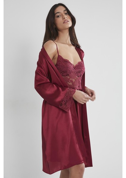 Saten Dantelli Gecelik & Sabahlık Takım - 4265 Bordo modelleri