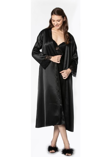 Kadın Saten Dantelli Gecelik & Sabahlık Takım - 4370 Siyah fiyatları