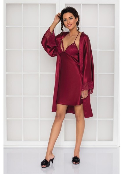 Kadın Saten Dantelli Gecelik & Sabahlık Takım - 4250 Bordo
