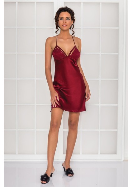 Kadın Saten Dantelli Gecelik & Sabahlık Takım - 4250 Bordo fiyatları