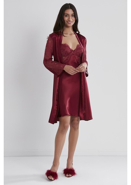 Kadın Saten Dantelli Gecelik & Sabahlık Takım - 4025 Bordo fiyatları