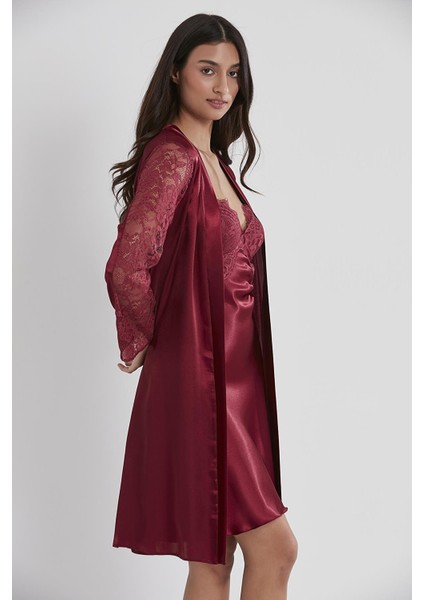 Kadın Saten Dantelli Gecelik & Sabahlık Takım - 4025 Bordo modelleri