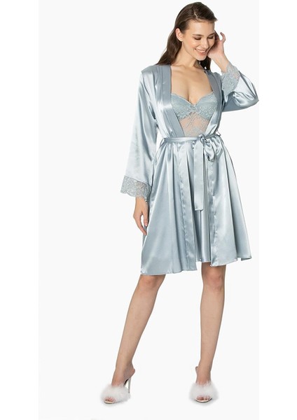 Saten Dantelli Gecelik & Sabahlık Takım - 4265 Mist