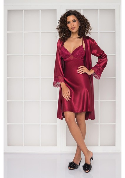 Kadın Saten Dantelli Gecelik & Sabahlık Takım - 4285 Bordo