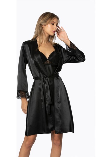 Kadın Saten Dantelli Gecelik & Sabahlık Takım - 4285 Siyah