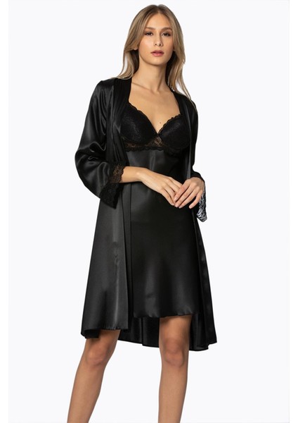 Kadın Saten Dantelli Gecelik & Sabahlık Takım - 4285 Siyah fiyatları