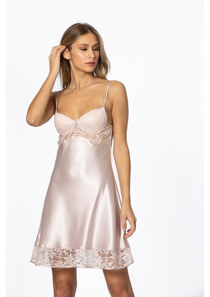 Kadın Saten Dantelli Gecelik & Sabahlık Takım - 4075 Pudra modelleri