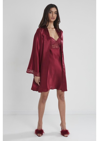 Saten Dantelli Gecelik & Sabahlık Takım - 4090 Bordo fiyatları