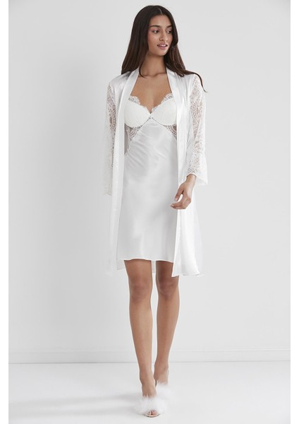 Kadın Saten Dantelli Gecelik & Sabahlık Takım - 4025 Ekru fiyatları