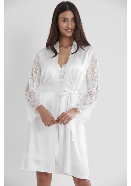 Kadın Saten Dantelli Gecelik & Sabahlık Takım - 4025 Ekru modelleri
