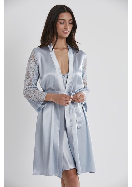 Kadın Saten Dantelli Gecelik & Sabahlık Takım - 4025 Mist modelleri