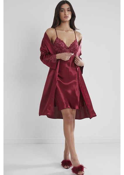 Kadın Saten Dantelli Gecelik & Sabahlık Takım - 4050 Bordo fiyatları