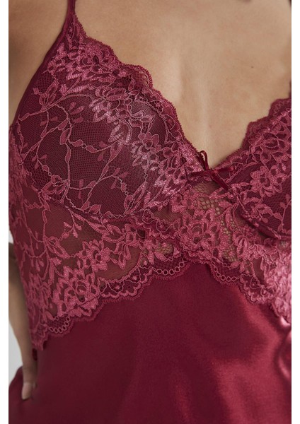 Kadın Saten Dantelli Gecelik & Sabahlık Takım - 4050 Bordo fırsatları