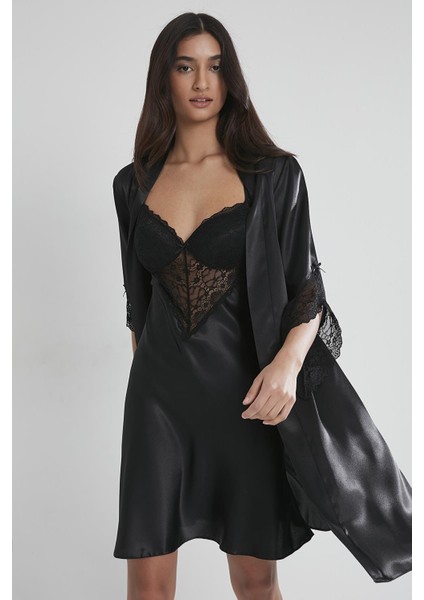 Kadın Saten Dantelli Gecelik & Sabahlık Takım - 4240 Siyah
