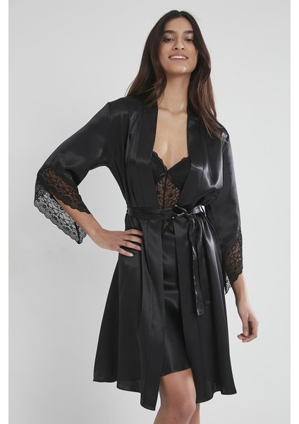 Kadın Saten Dantelli Gecelik & Sabahlık Takım - 4240 Siyah modelleri