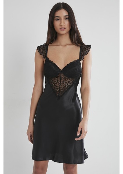 Kadın Saten Dantelli Gecelik & Sabahlık Takım - 4240 Siyah fırsatları