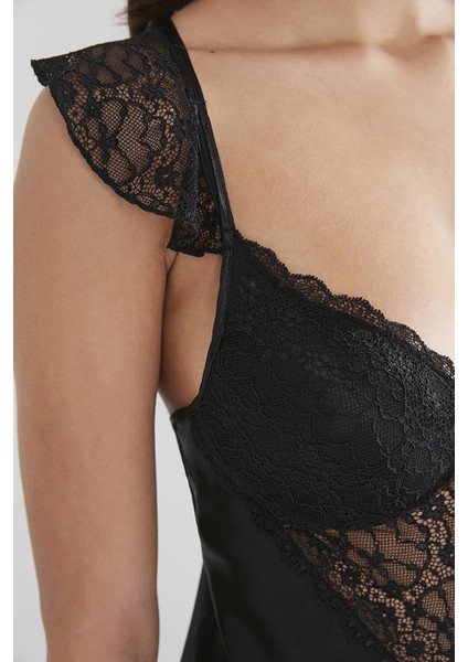 Kadın Saten Dantelli Gecelik & Sabahlık Takım - 4240 Siyah indirimleri