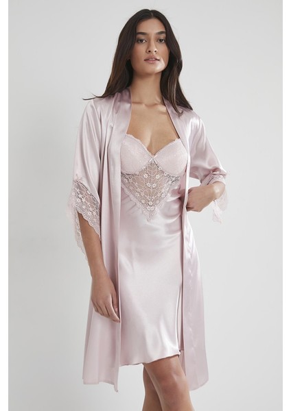 Kadın Saten Dantelli Gecelik & Sabahlık Takım - 4240 Pudra