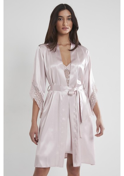 Kadın Saten Dantelli Gecelik & Sabahlık Takım - 4240 Pudra fiyatları