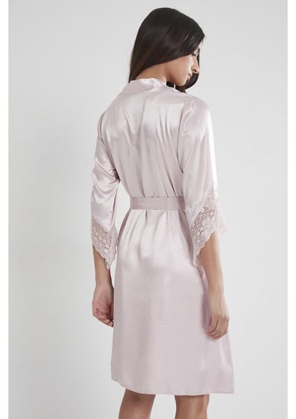 Kadın Saten Dantelli Gecelik & Sabahlık Takım - 4240 Pudra modelleri