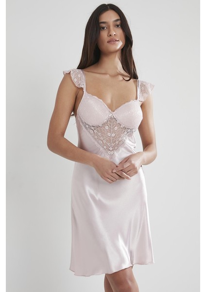 Kadın Saten Dantelli Gecelik & Sabahlık Takım - 4240 Pudra fırsatları