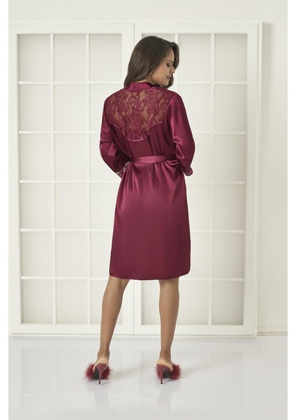 Kadın Saten Dantelli Gecelik & Sabahlık Takım - 4075 Bordo modelleri
