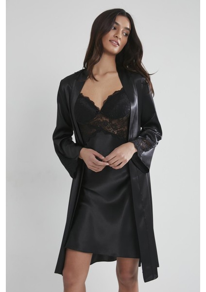 Kadın Saten Dantelli Gecelik & Sabahlık Takım - 4050 Siyah