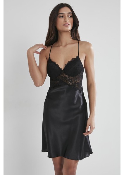 Kadın Saten Dantelli Gecelik & Sabahlık Takım - 4050 Siyah fiyatları