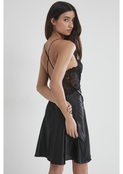 Kadın Saten Dantelli Gecelik & Sabahlık Takım - 4050 Siyah fırsatları