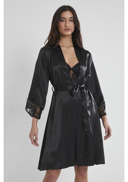 Kadın Saten Dantelli Gecelik & Sabahlık Takım - 4075 Siyah modelleri