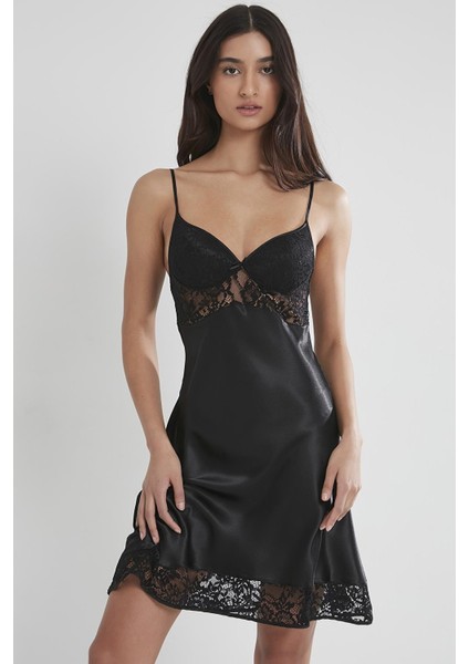 Kadın Saten Dantelli Gecelik & Sabahlık Takım - 4075 Siyah indirimleri