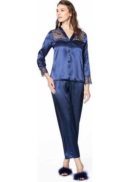 Kadın Saten Altılı Çeyiz Seti - 6625 Lacivert indirimleri