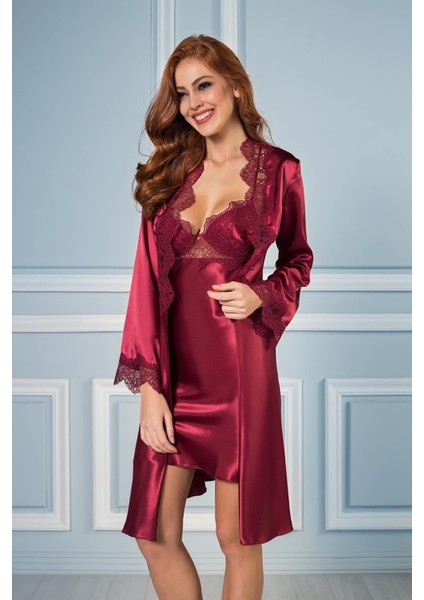 Kadın Ekru Saten Altılı Çeyiz Seti - 6335 Bordo