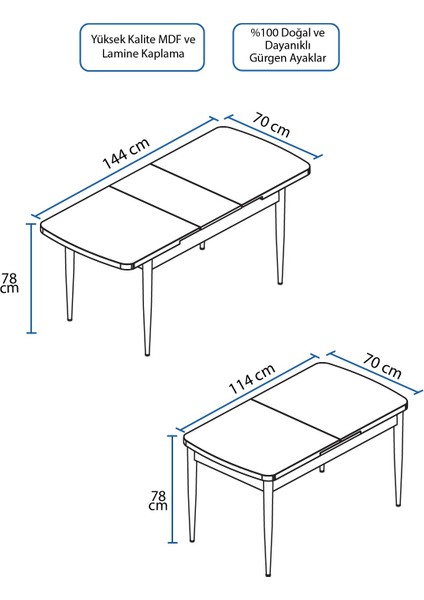 Concept Par Serisi, 70 x 114 Cm, Açılabilir Mdf Mutfak Masası, Yemek Masası modelleri