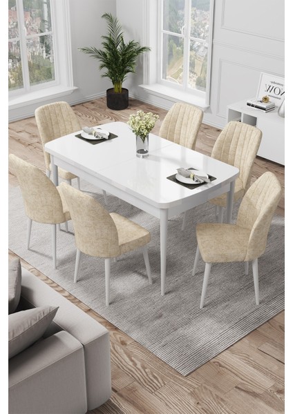 Concept Par Serisi 70 x 114 Cm, Açılabilir Mdf Mutfak Masa Takımı, Beyaz Masa ve 6 Sandalye