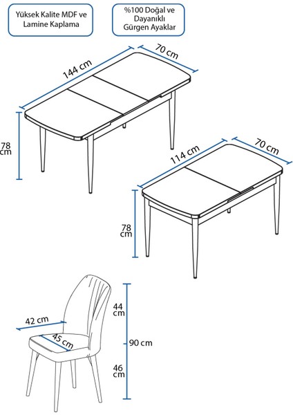 Concept Par Serisi 70 x 114 Cm, Açılabilir Mdf Mutfak Masa Takımı, Beyaz Masa ve 6 Sandalye
