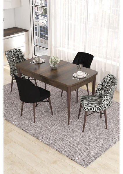 Concept Eva Serisi, 80 x 132 cm Açılabilir Mdf Mutfak Masa Takımı, Barok Ahşap Desen Masa ve 4 Sandalye