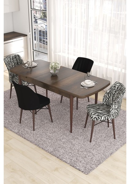 Concept Eva Serisi, 80 x 132 cm Açılabilir Mdf Mutfak Masa Takımı, Barok Ahşap Desen Masa ve 4 Sandalye