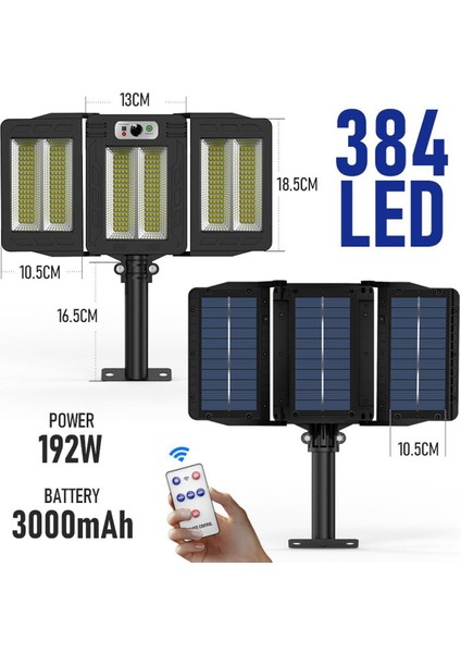 384LEDLI Solar Bahçe Aydınlatması Projektör Sokak Lambası Hareket Sensörlü Güneş Enerji