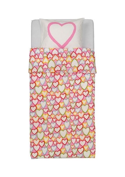 Tek Kişilik Çocuk Nevresim Kalp Figürlü Renkli Tek Kişi -150X200/50X60 Cm-Çarşafsız,re