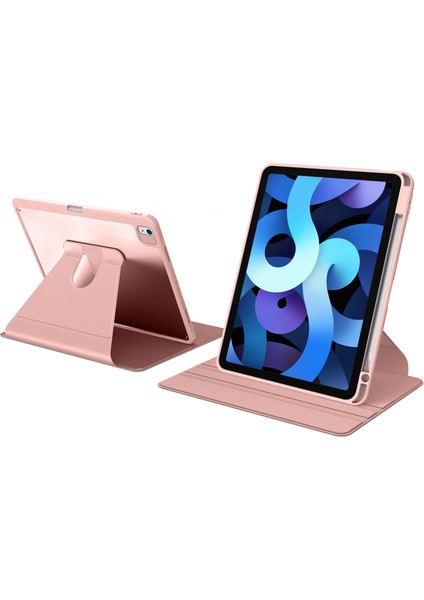 iPad Air 4. Nesil 2020 Uyumlu Kılıf 360° Dönebilen Kalem Bölmeli Standlı Akıllı Kapak Premium Pudra