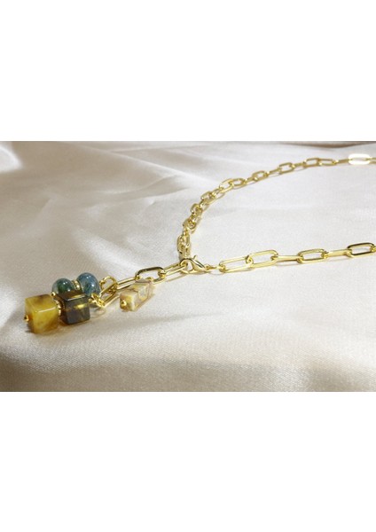 Küp Damla Kehribar ve Akik Taşlı Gerçek Altın Kaplama Tasarım Zincir Kolye
