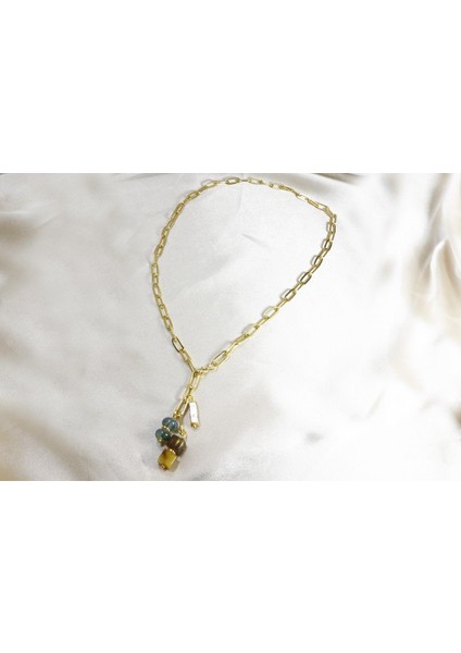 Küp Damla Kehribar ve Akik Taşlı Gerçek Altın Kaplama Tasarım Zincir Kolye modelleri