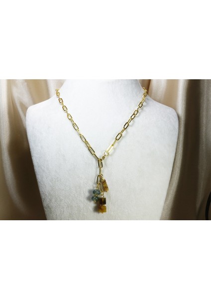 Küp Damla Kehribar ve Akik Taşlı Gerçek Altın Kaplama Tasarım Zincir Kolye indirimleri