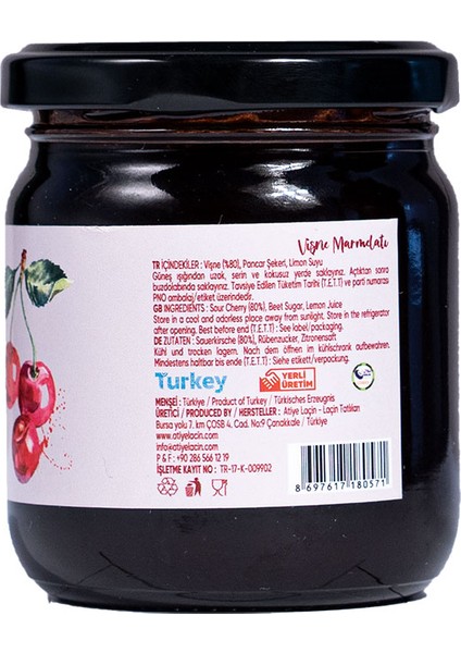 Atiye Laçin Vişne Marmelatı 220 gr (%100 Doğal ,%80 Meyve ,Katkı Maddesi ,Renklendirici ve Koruyucu İçermez.)