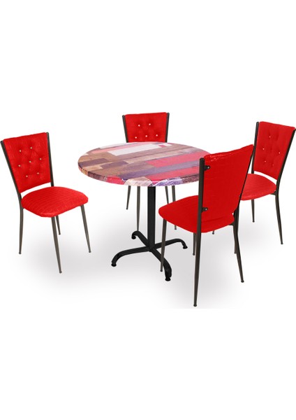 Indigo Werzalit Yuvarlak - Kapitoneli Masa Takımı (90 cm Çap) - Red Wood Kırmızı