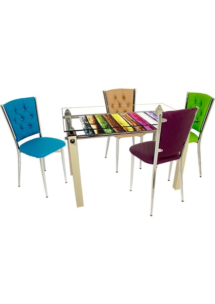 Kapitoneli Cam Mutfak Masa Takımı (Deri) - Gökkuşağı