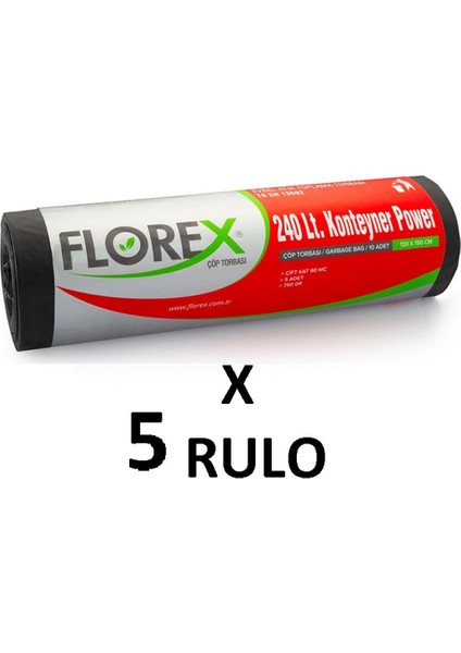 Florex Standart  240 Lt Konteyner Power ( 120X150 cm ) Siyah Çöp Poşeti 5 Rulo 5*5=25 Adet