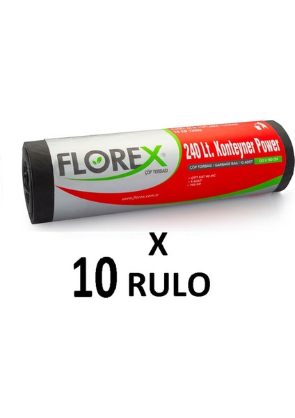 Florex Standart  240 Lt Konteyner Power ( 120X150 cm ) Siyah Çöp Poşeti 10 Rulo 5*10=50 Adet