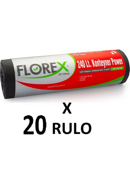 Florex Standart  240 Lt Konteyner Power ( 120X150 cm ) Siyah Çöp Poşeti 20 Rulo 5*20=100 Adet